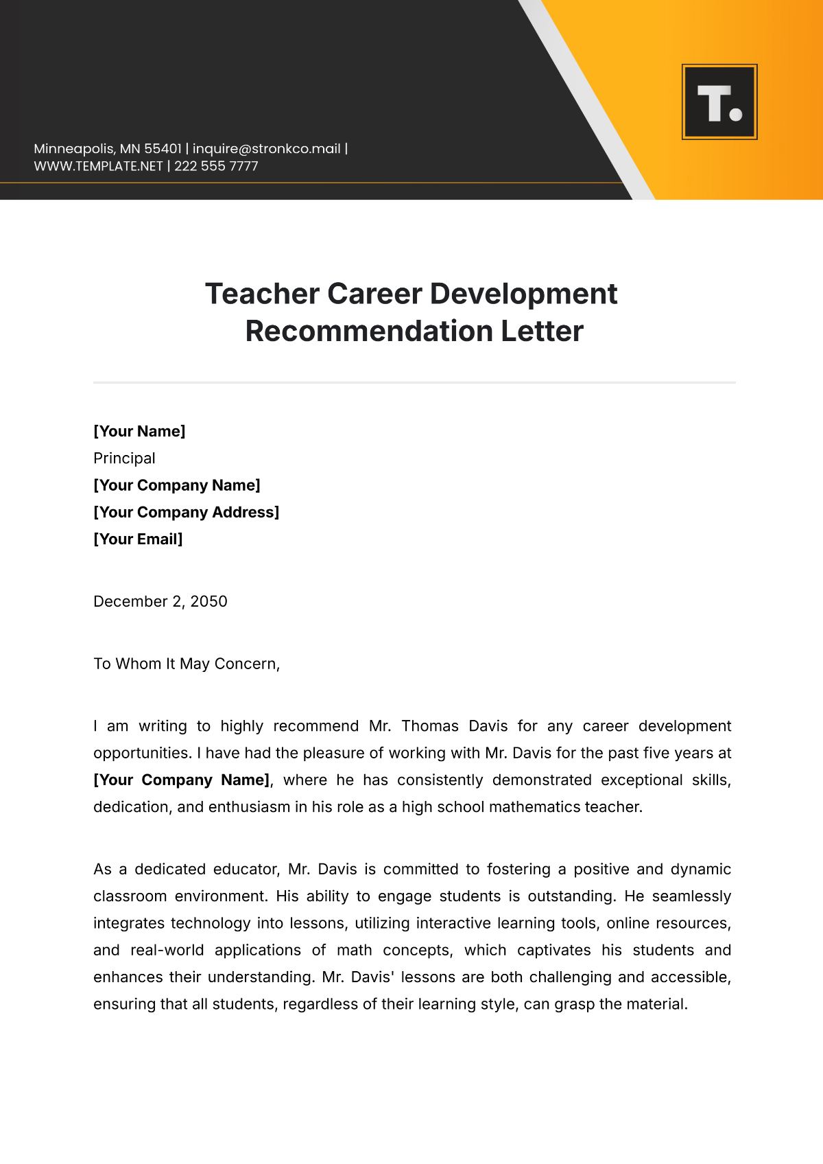 Teacher Career Development Recommendation Letter Template - Edit Online & Download