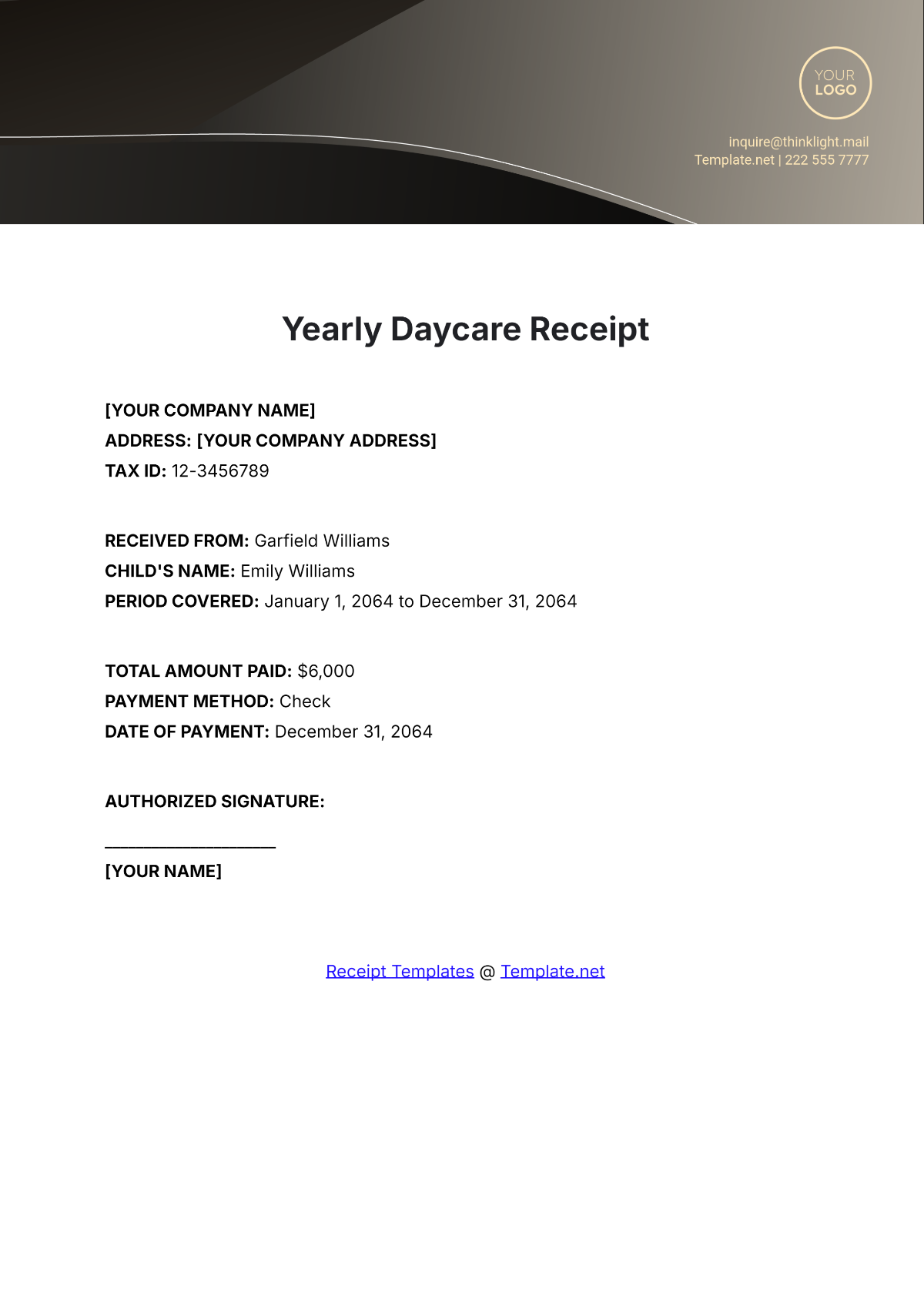 Yearly Daycare Receipt Template - Edit Online & Download