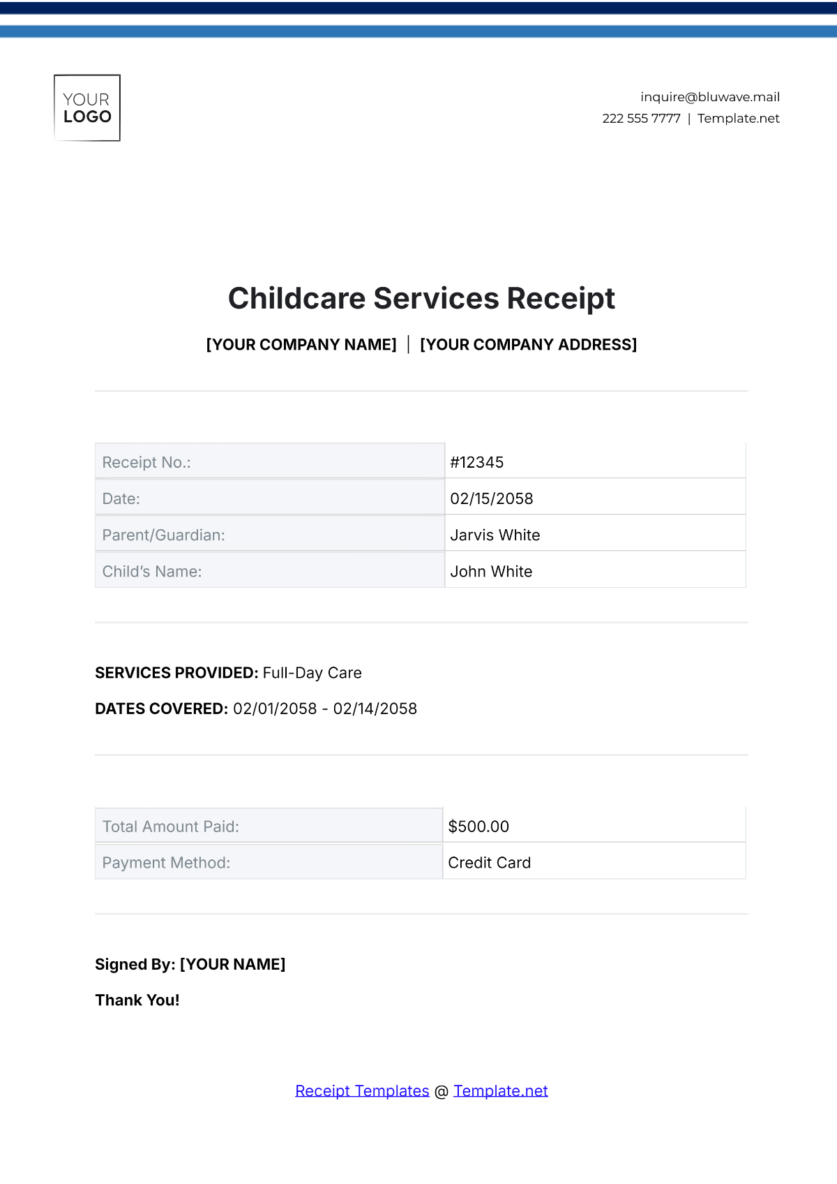 Childcare Services Receipt Template - Edit Online & Download