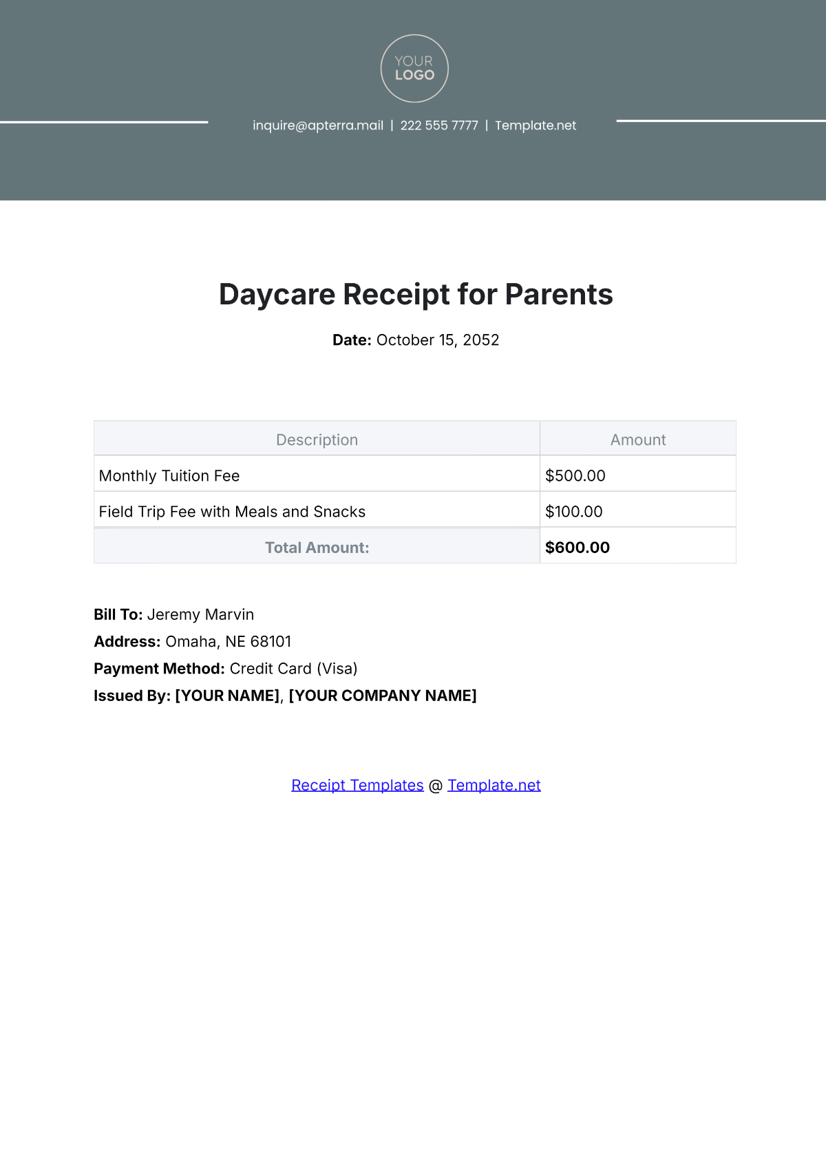 Daycare Receipt for Parents Template - Edit Online & Download