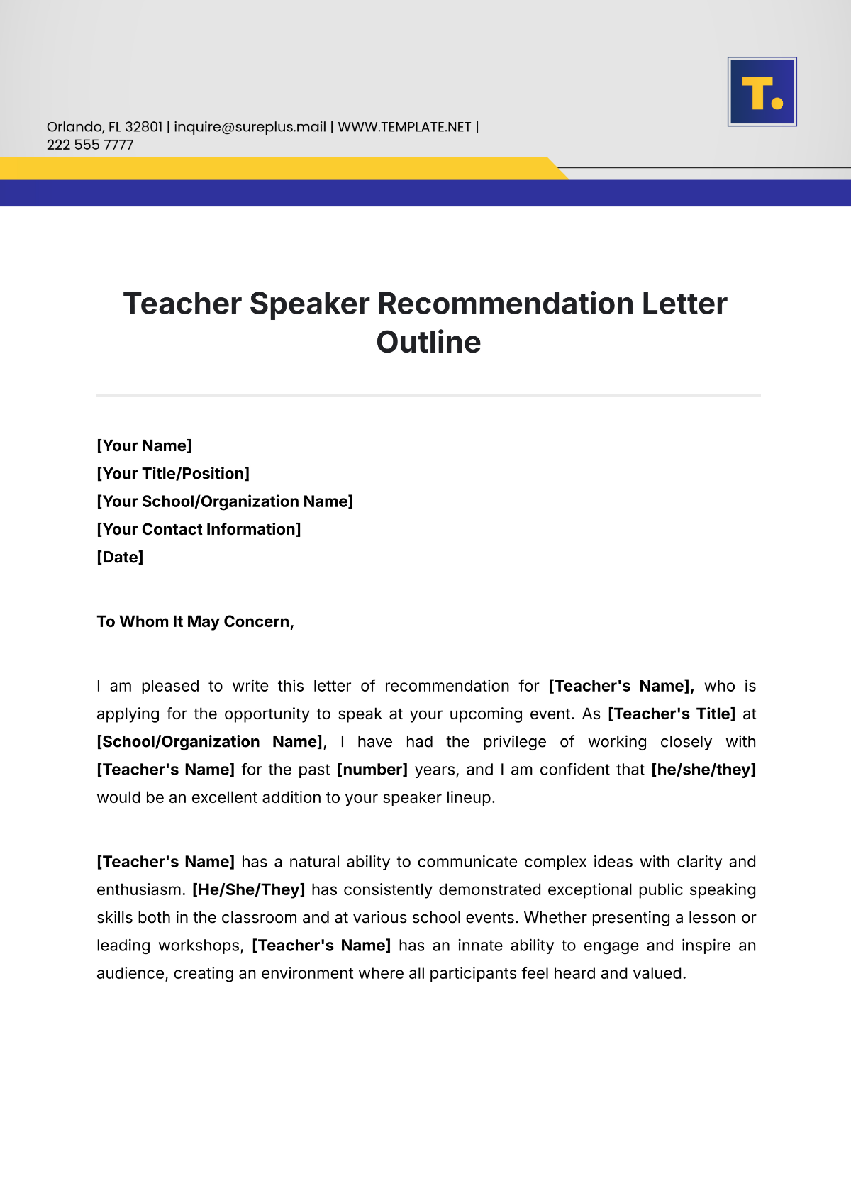 Teacher Speaker Recommendation Letter Outline Template | Template.net