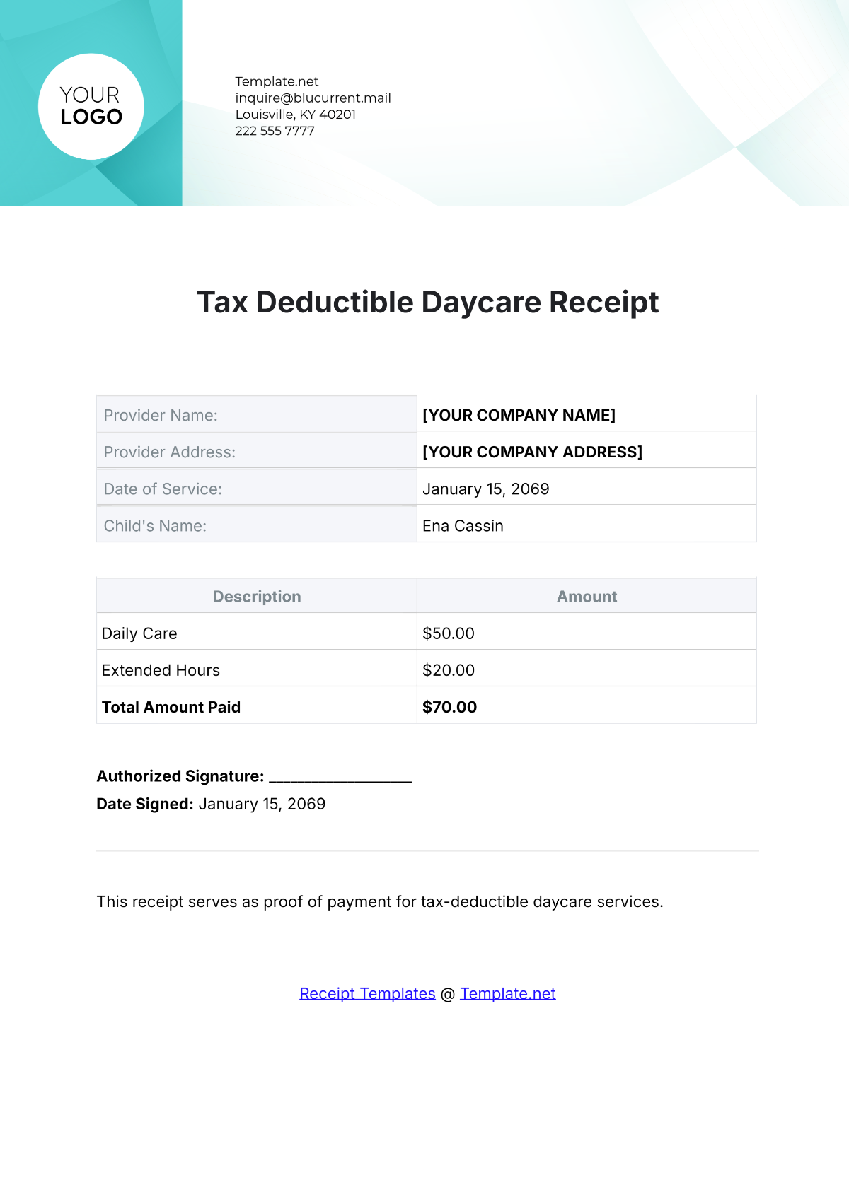 Tax Deductible Daycare Receipt Template - Edit Online & Download