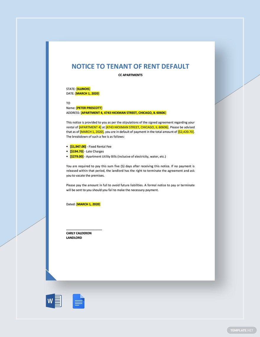 Notice To Tenant of Rent Default Template