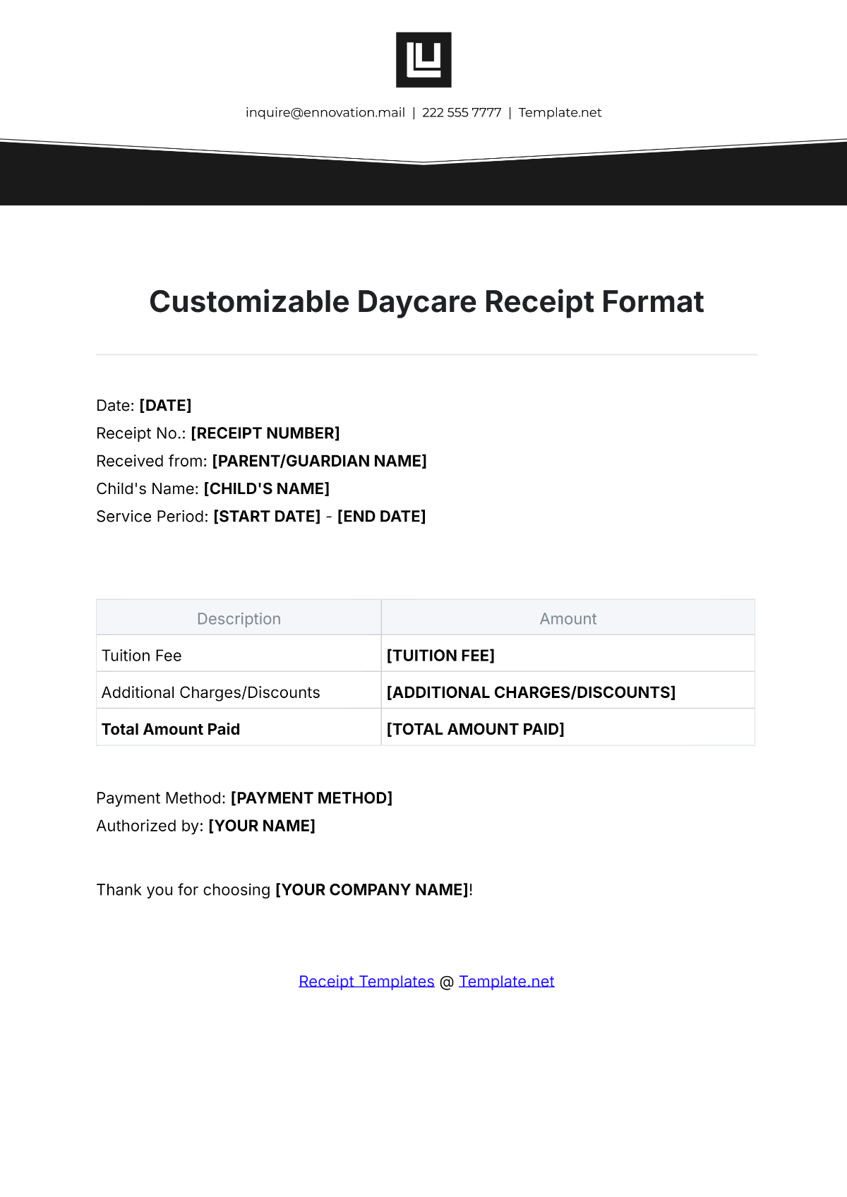 Customizable Daycare Receipt Format Template - Edit Online & Download