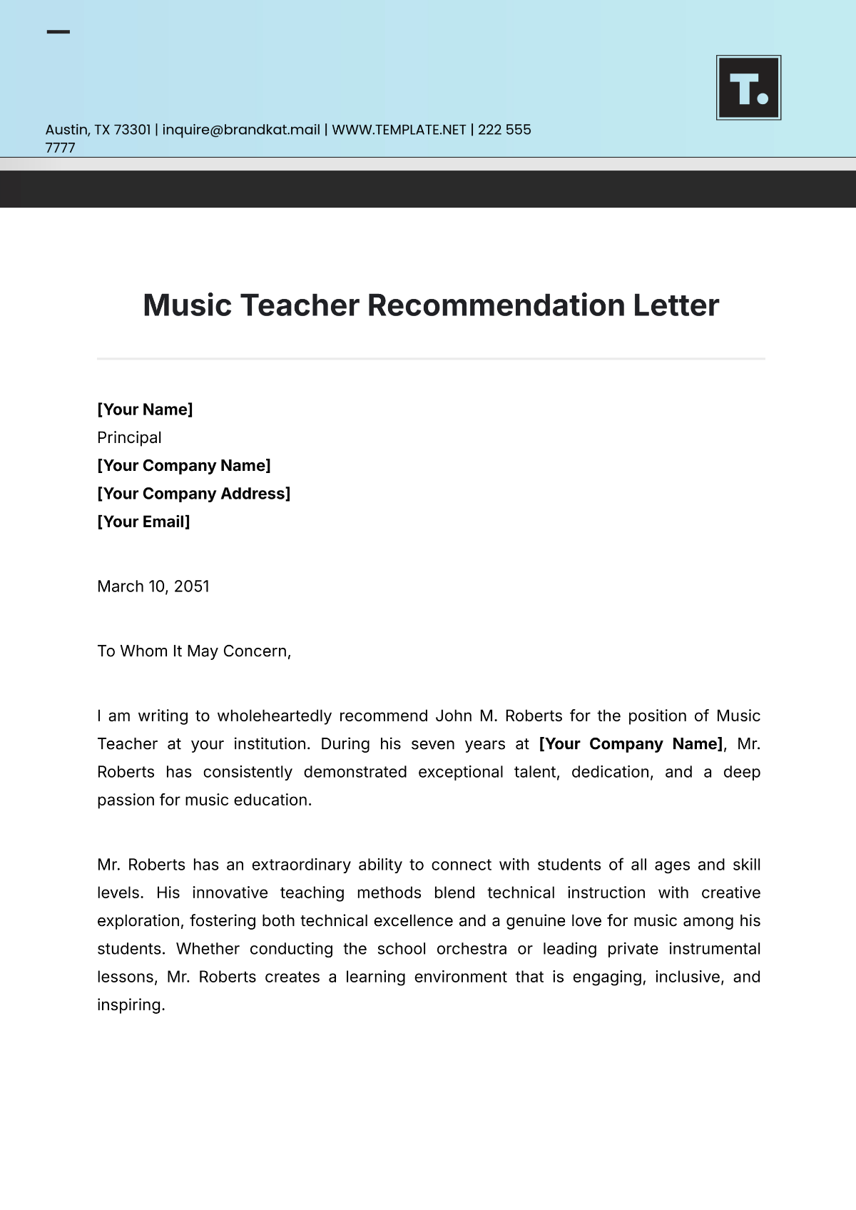 Music Teacher Recommendation Letter Template - Edit Online & Download