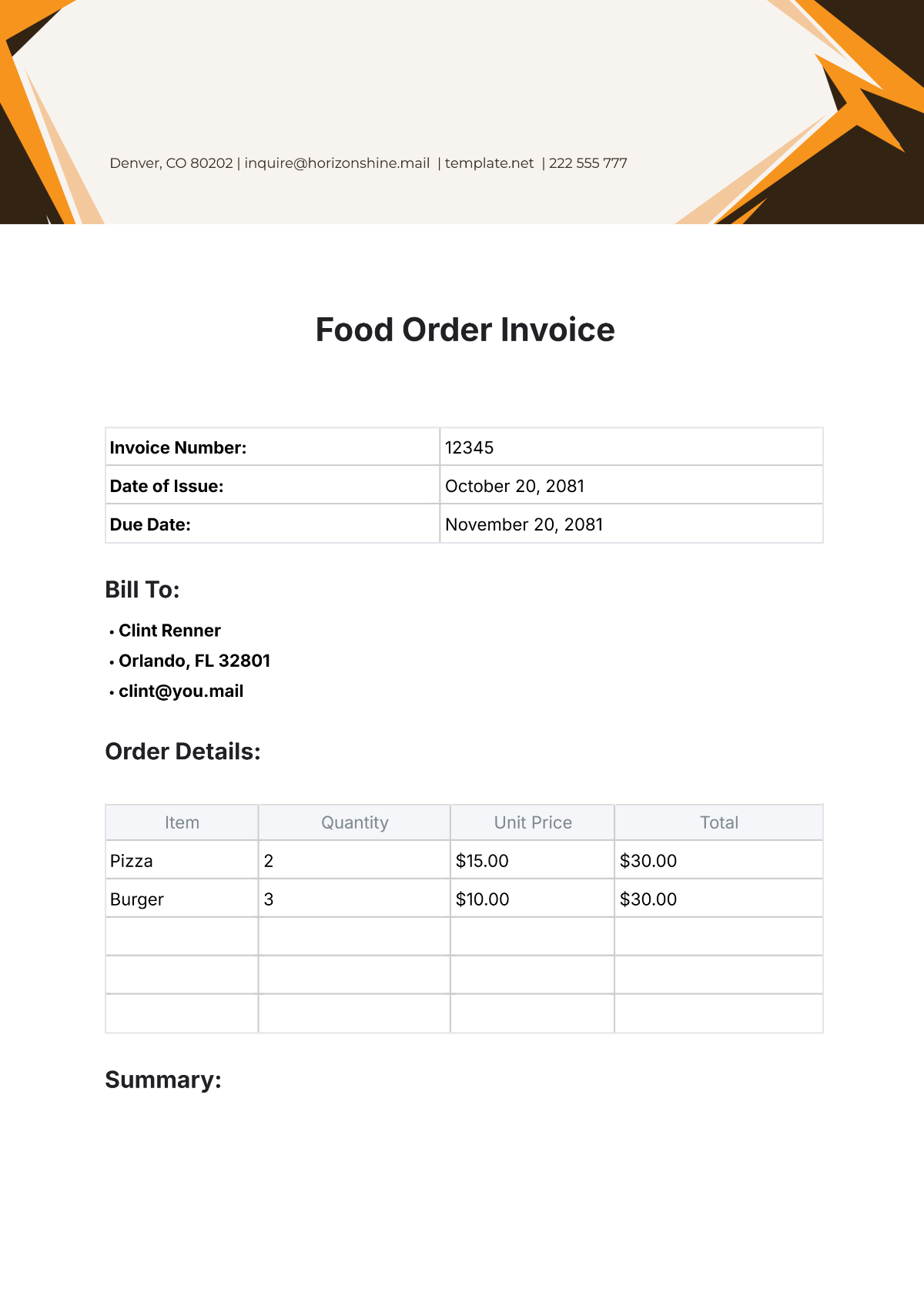 Food Order Invoice Template - Edit Online & Download