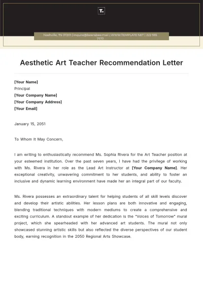 Free Aesthetic Art Teacher Recommendation Letter Template to Edit Online