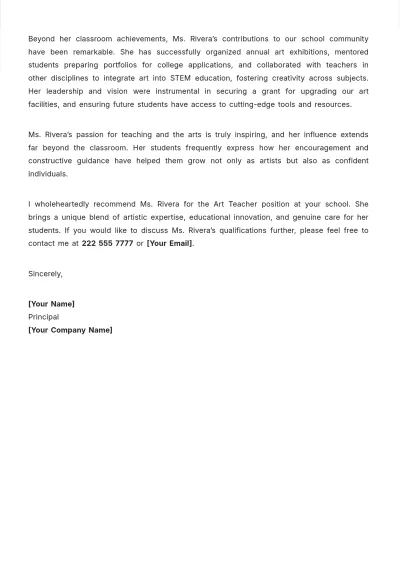 Free Aesthetic Art Teacher Recommendation Letter Template to Edit Online