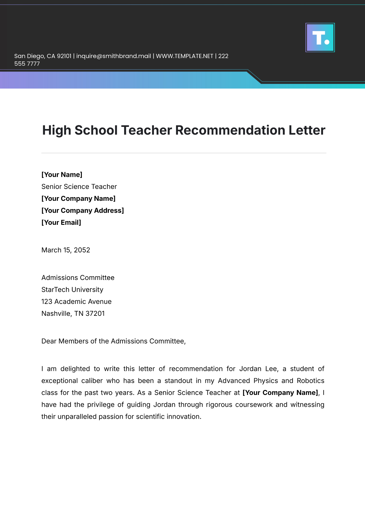 High School Teacher Recommendation Letter Template - Edit Online & Download