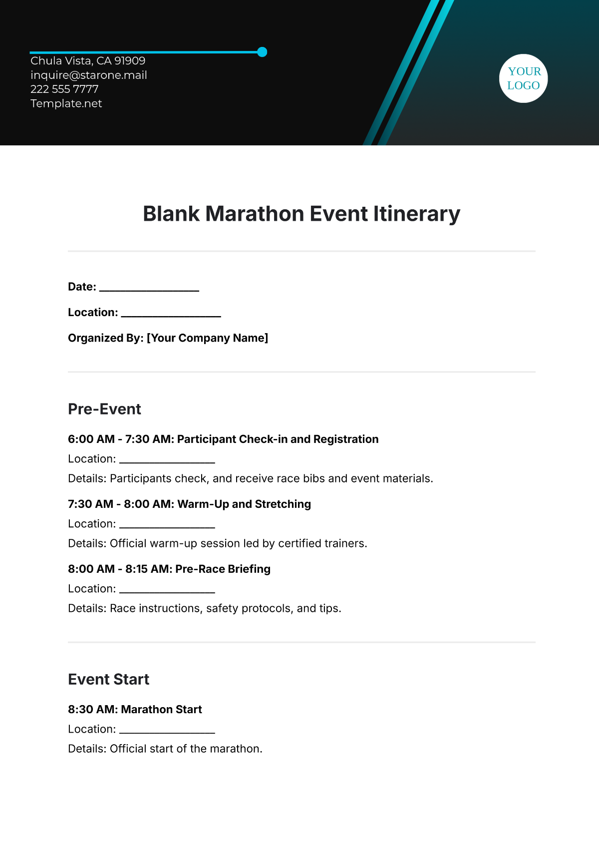 Free Blank Marathon Event Itinerary Template