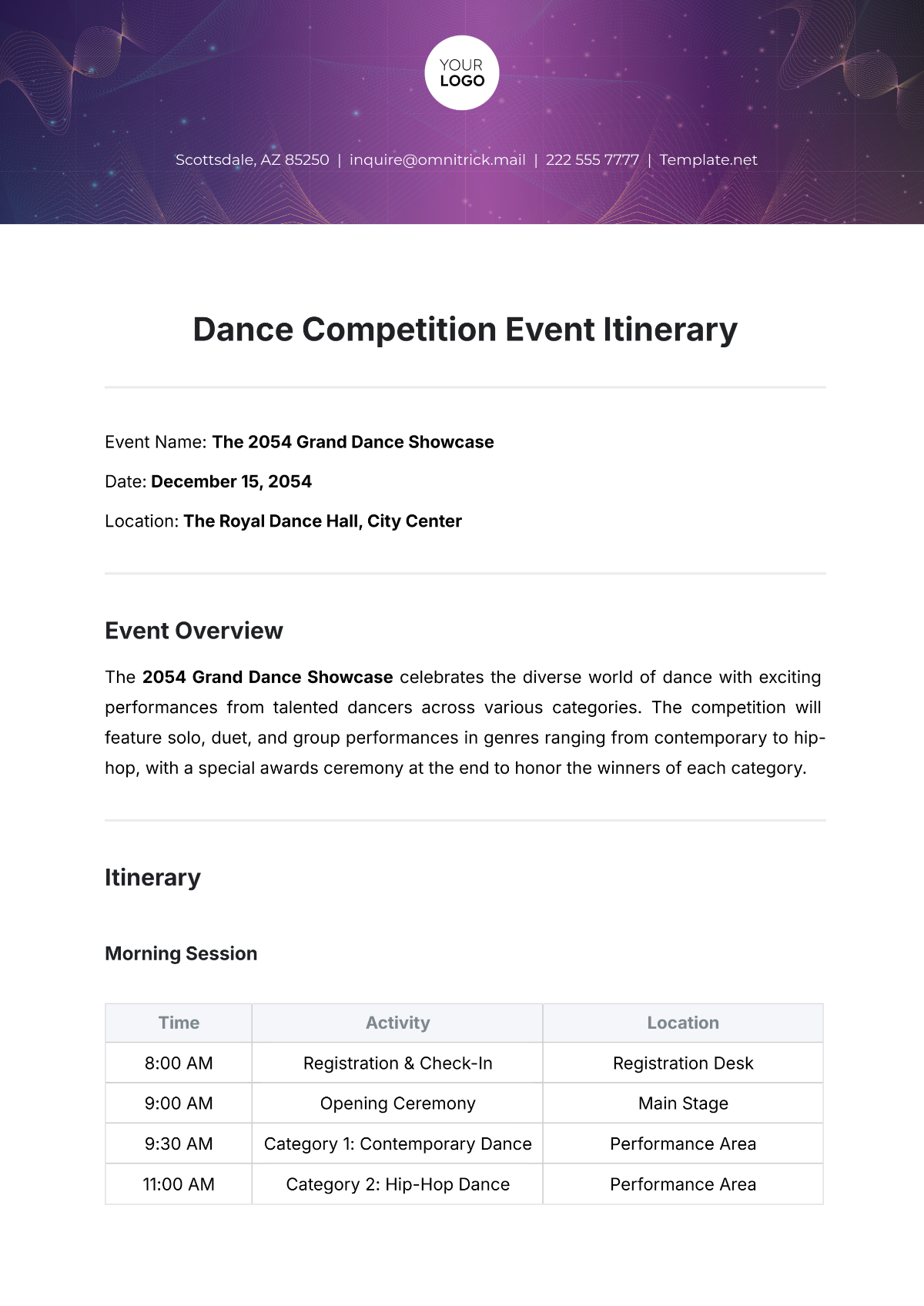 Free Dance Competition Event Itinerary Template