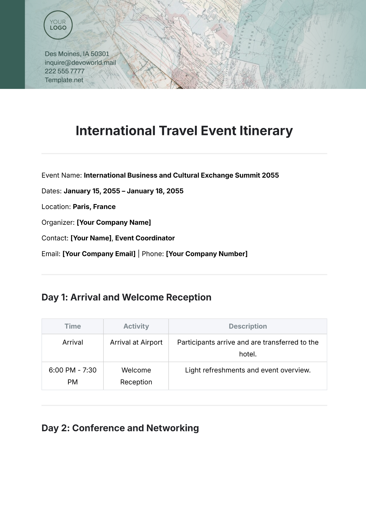 Free International Travel Event Itinerary Template