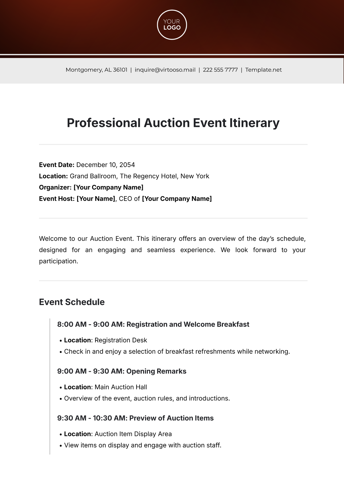 Professional Auction Event Itinerary Template - Edit Online & Download