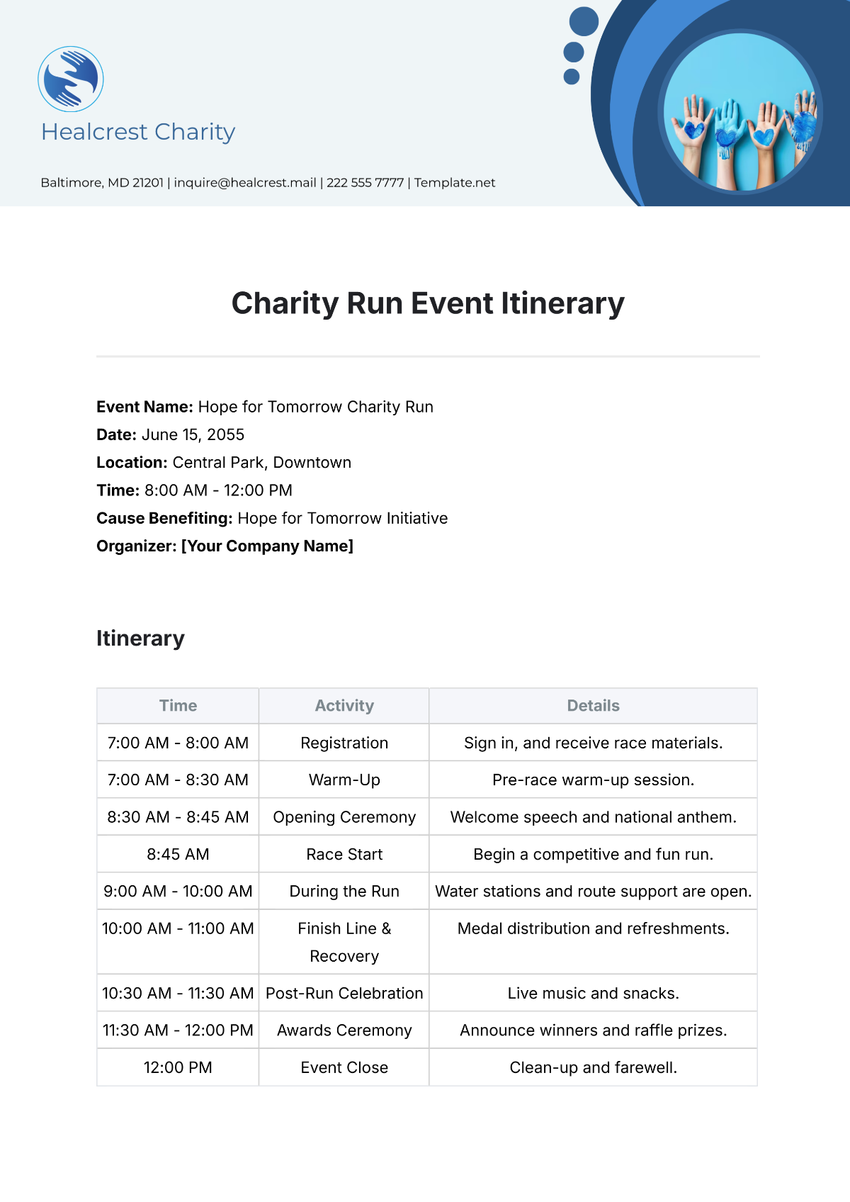 Free Charity Run Event Itinerary Template