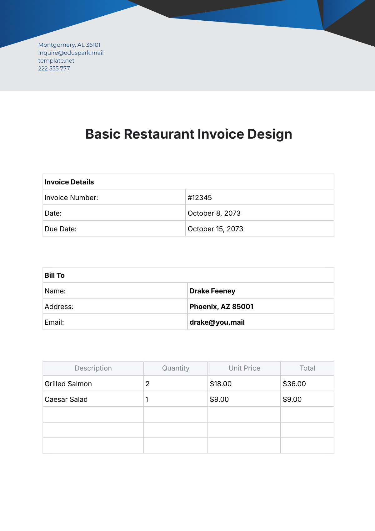 Basic Restaurant Invoice Design Template - Edit Online & Download