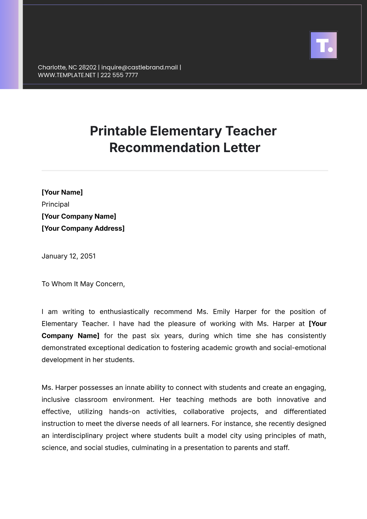 Printable Elementary Teacher Recommendation Letter Template - Edit Online & Download