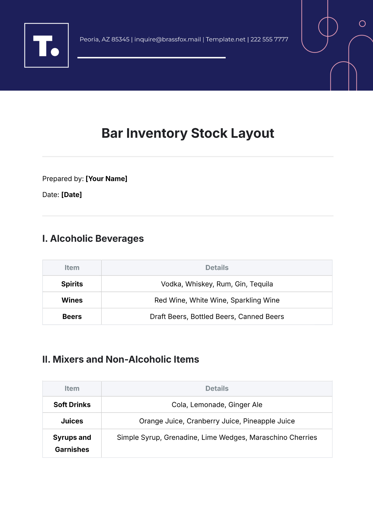 Bar Inventory Stock Layout Template - Edit Online & Download