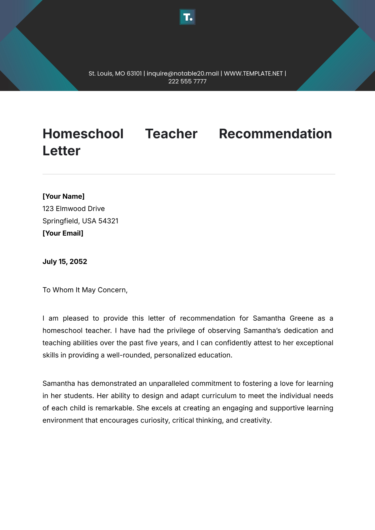 Homeschool Teacher Recommendation Letter Template - Edit Online & Download