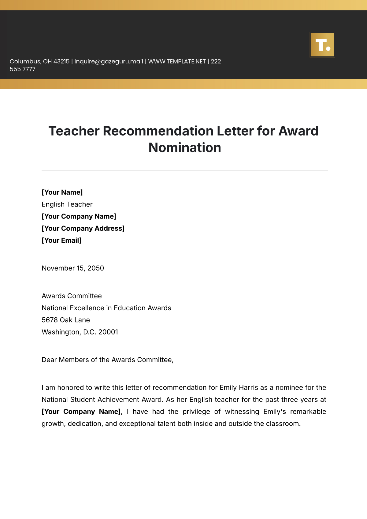 Teacher Recommendation Letter for Award Nomination Template - Edit Online & Download