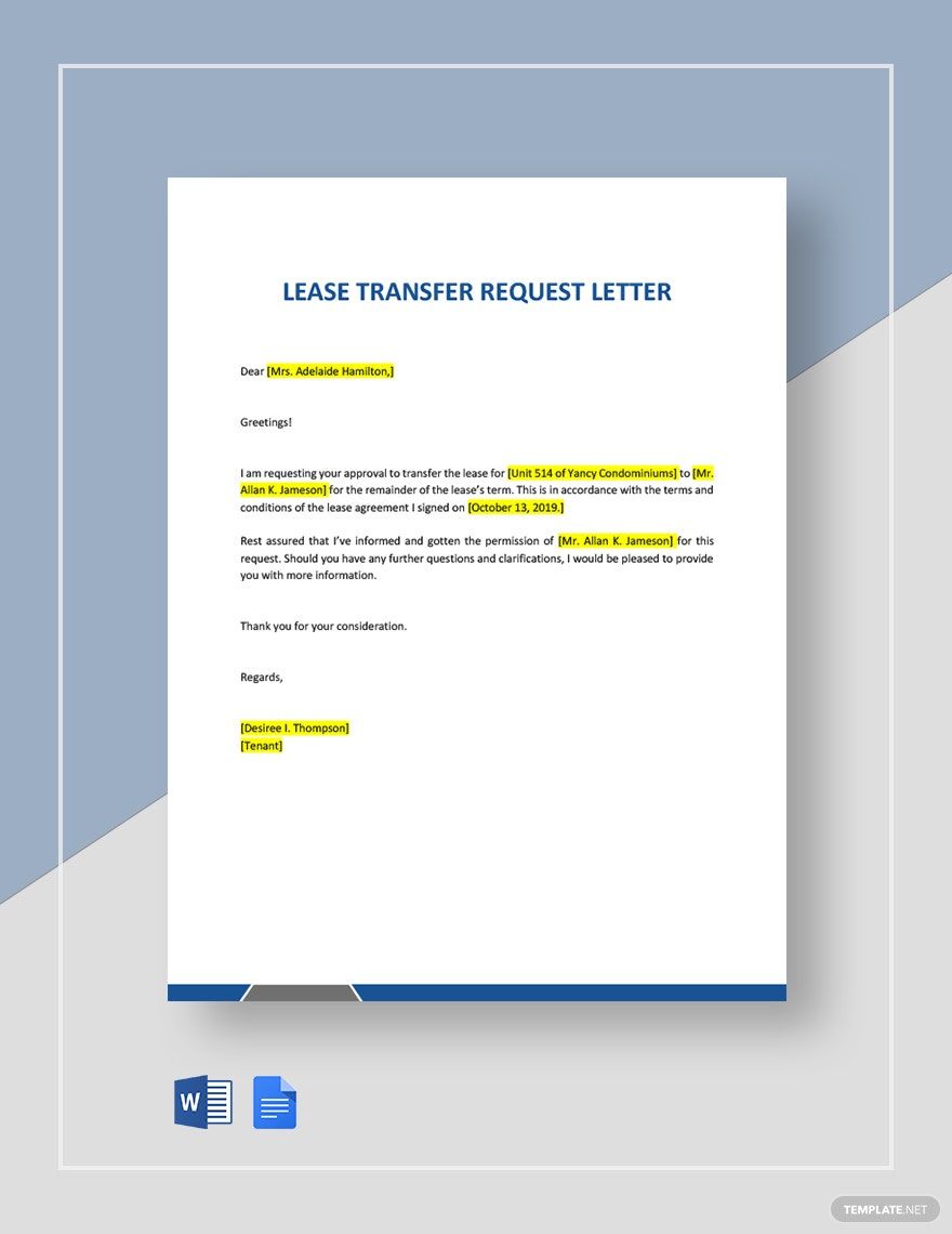 Lease Transfer Request Letter in Word, Google Docs, PDF, Apple Pages