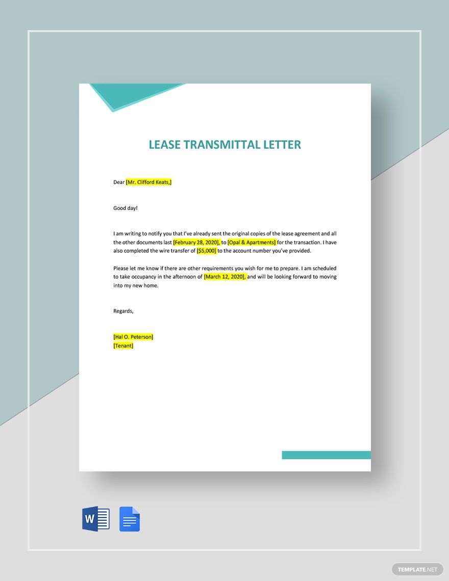 Free Lease Transmittal Letter in Word, Google Docs, PDF, Apple Pages