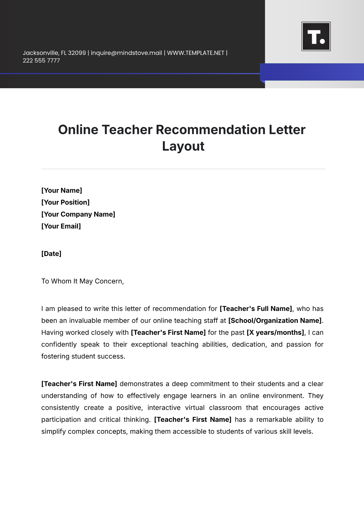 Online Teacher Recommendation Letter Layout Template - Edit Online & Download