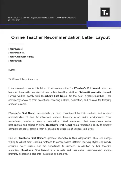 Free Online Teacher Recommendation Letter Layout Template to Edit Online