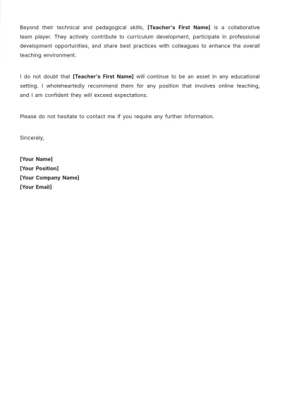 Free Online Teacher Recommendation Letter Layout Template to Edit Online