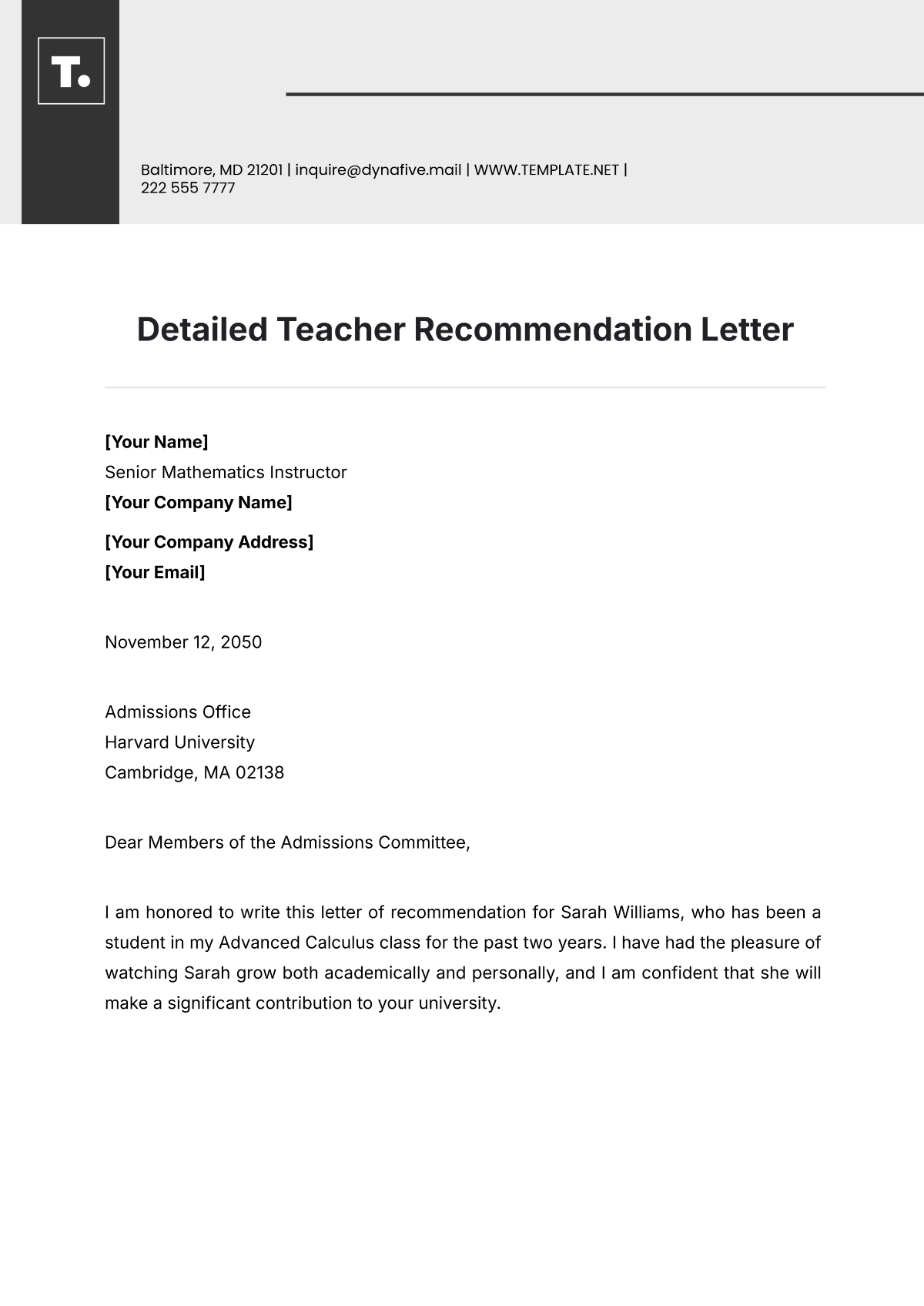 Detailed Teacher Recommendation Letter Template - Edit Online & Download