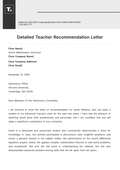 Free Detailed Teacher Recommendation Letter Template to Edit Online