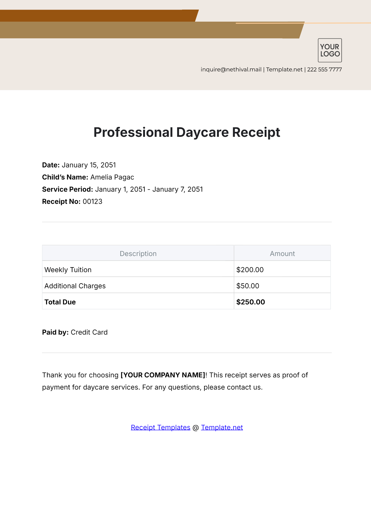 Professional Daycare Receipt Template - Edit Online & Download