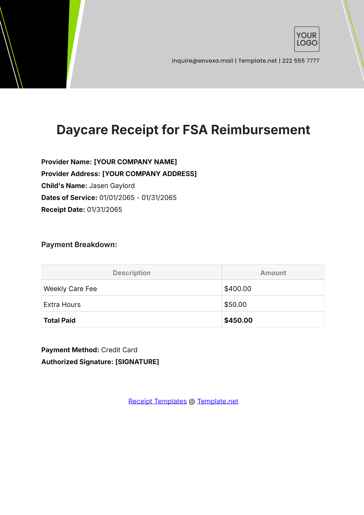 Daycare Receipt for FSA Reimbursement Template - Edit Online & Download