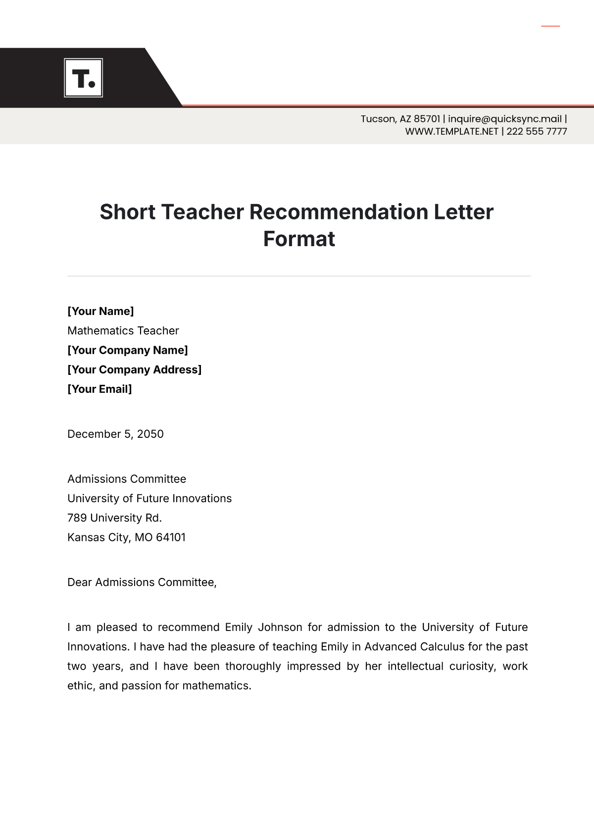 Short Teacher Recommendation Letter Format Template - Edit Online & Download