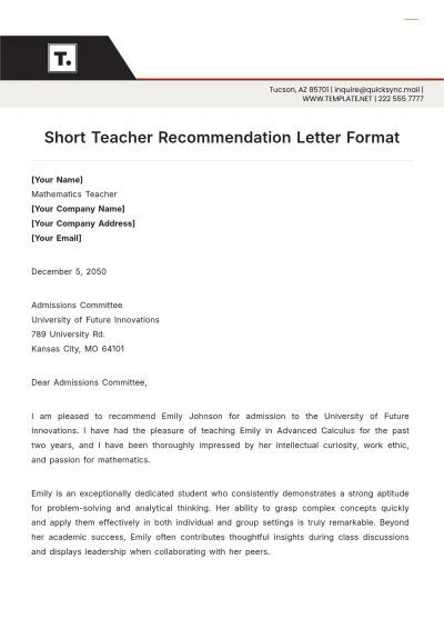Free Short Teacher Recommendation Letter Format Template to Edit Online