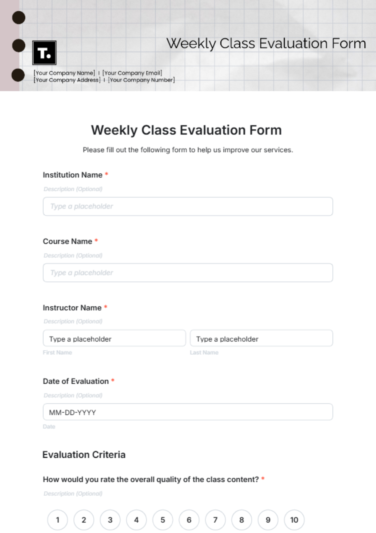 Weekly Class Evaluation Form Template - Edit Online & Download