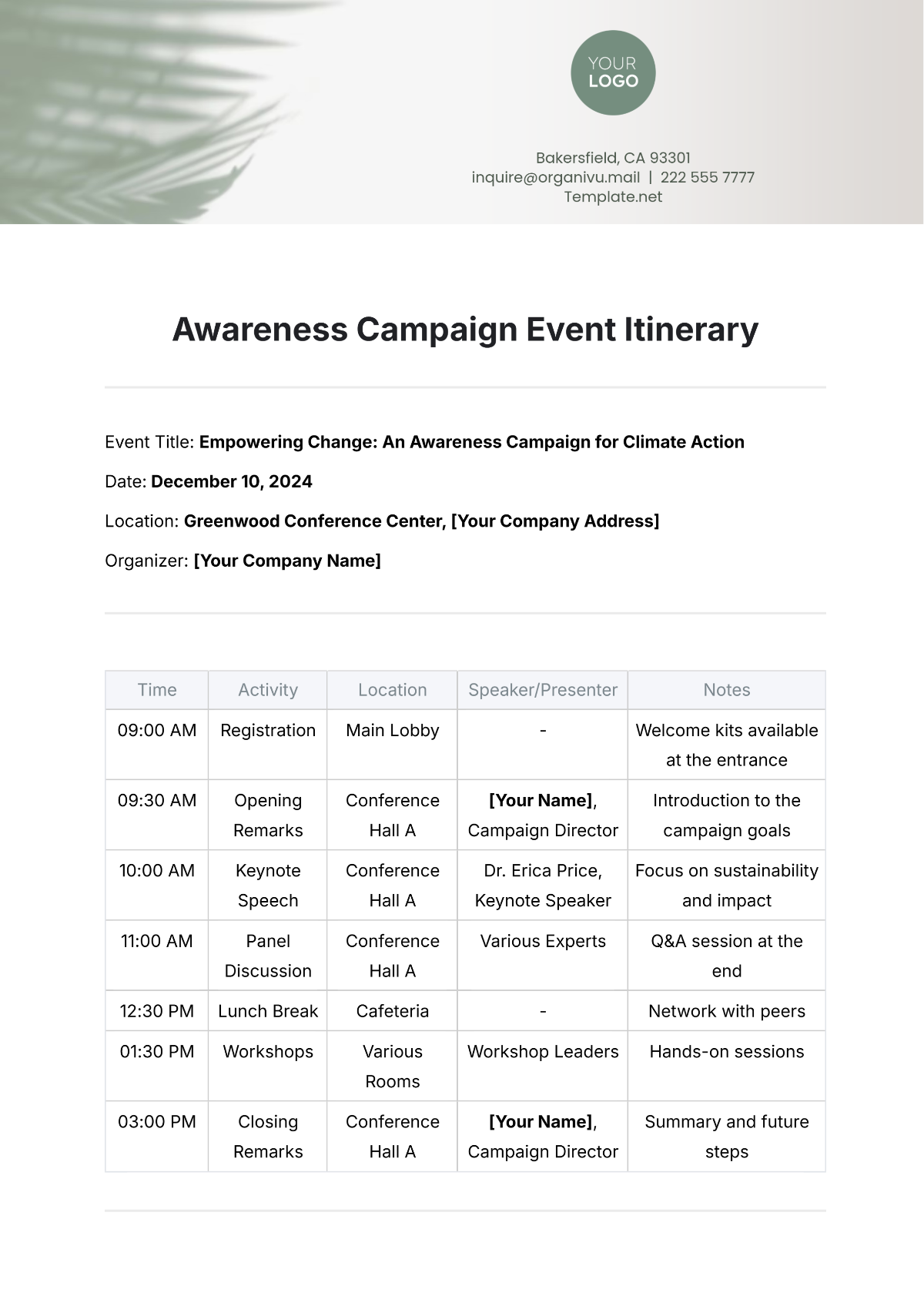 Awareness Campaign Event Itinerary Template - Edit Online & Download