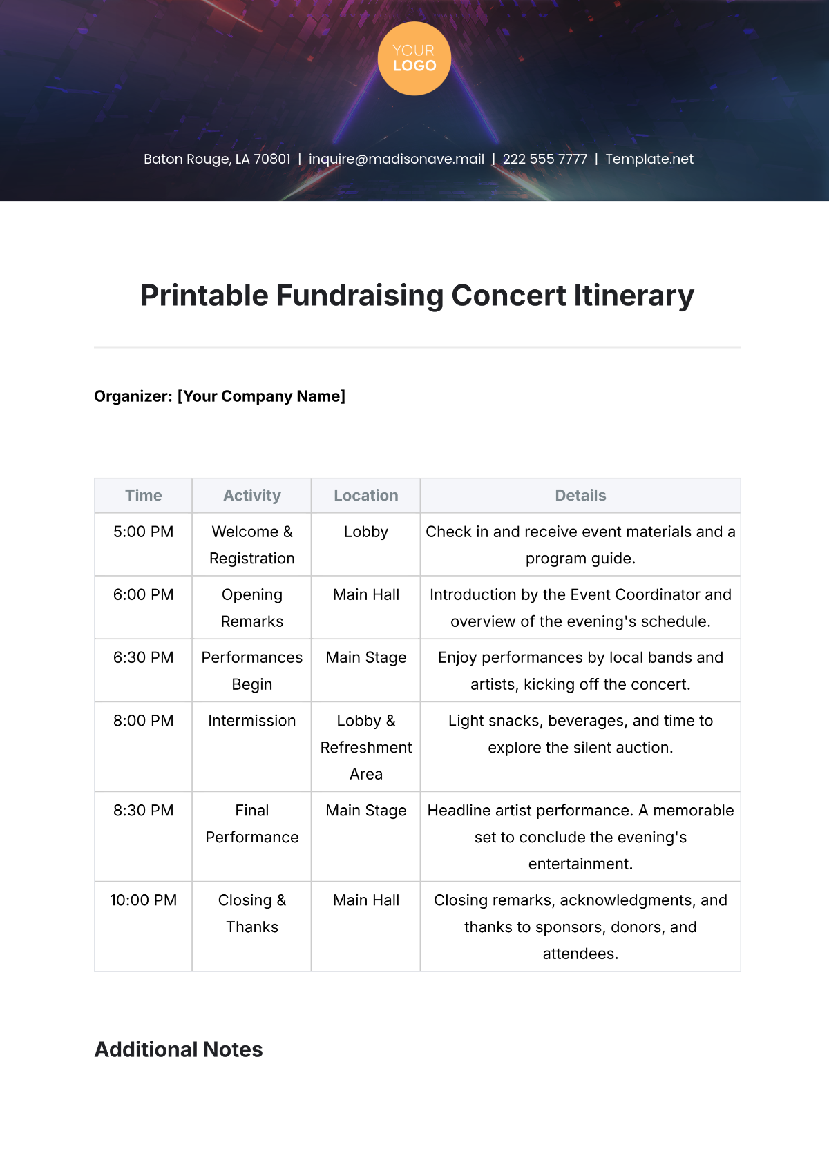 Printable Fundraising Concert Itinerary Template - Edit Online & Download