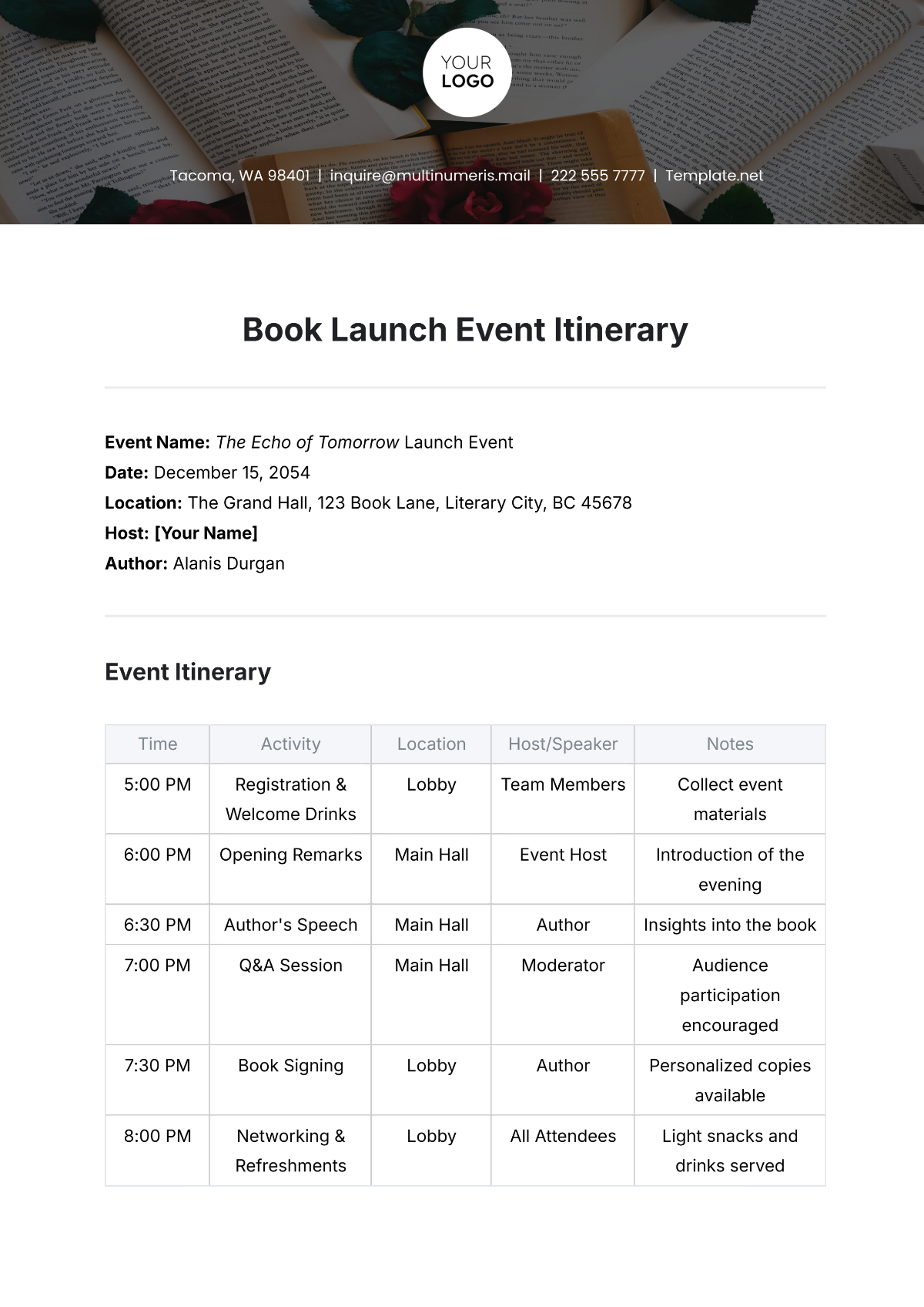 Free Book Launch Event Itinerary Template