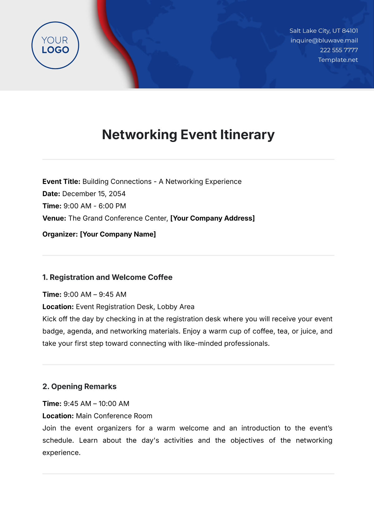 Free Networking Event Itinerary Template