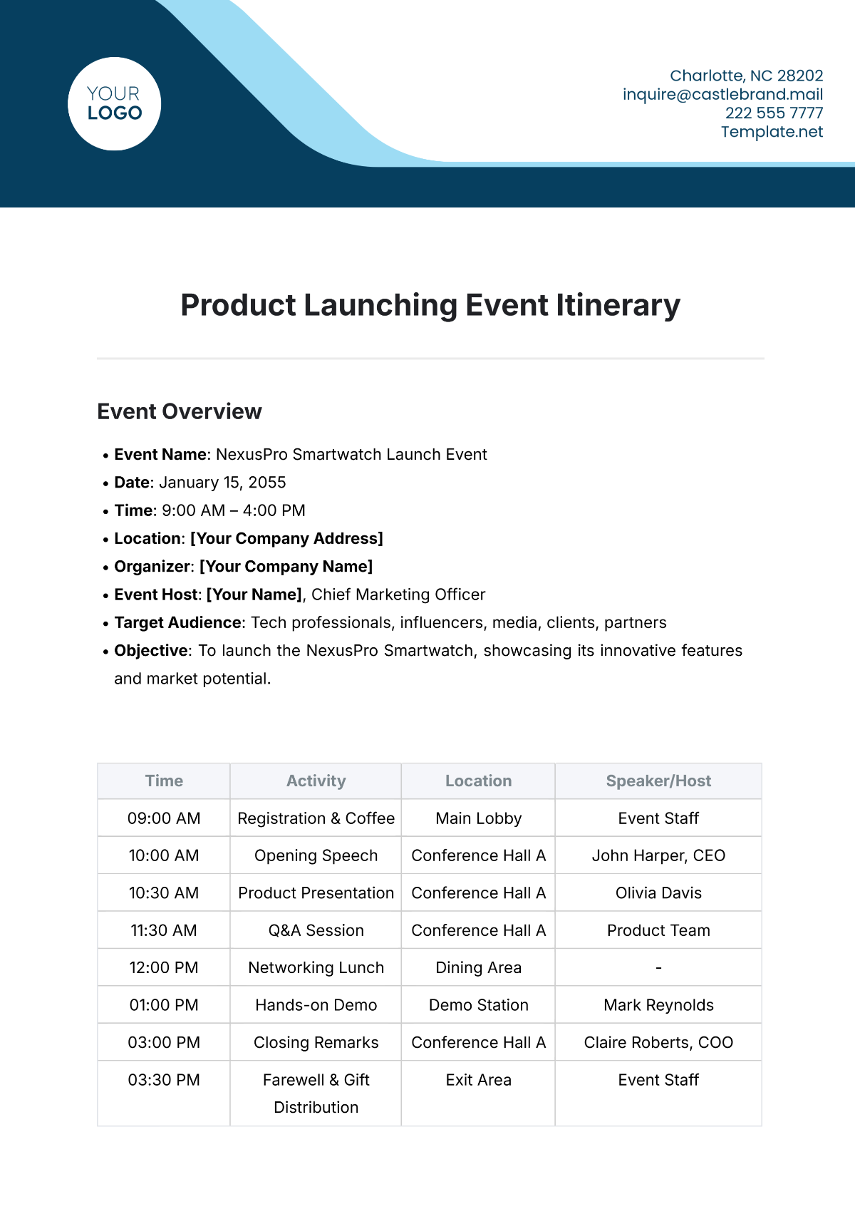 Product Launching Event Itinerary Template - Edit Online & Download