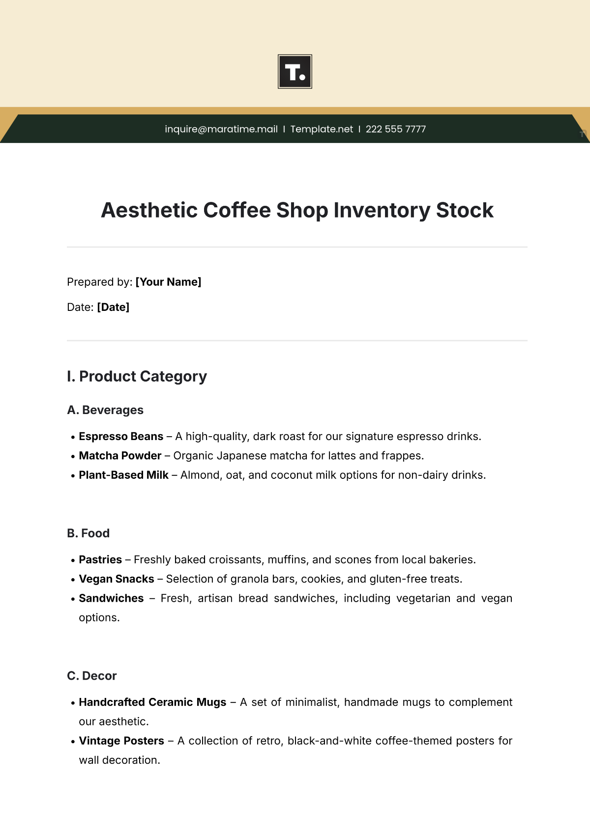 Aesthetic Coffee Shop Inventory Stock Template - Edit Online & Download