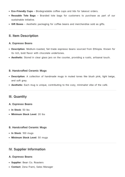 Free Aesthetic Coffee Shop Inventory Stock Template to Edit Online