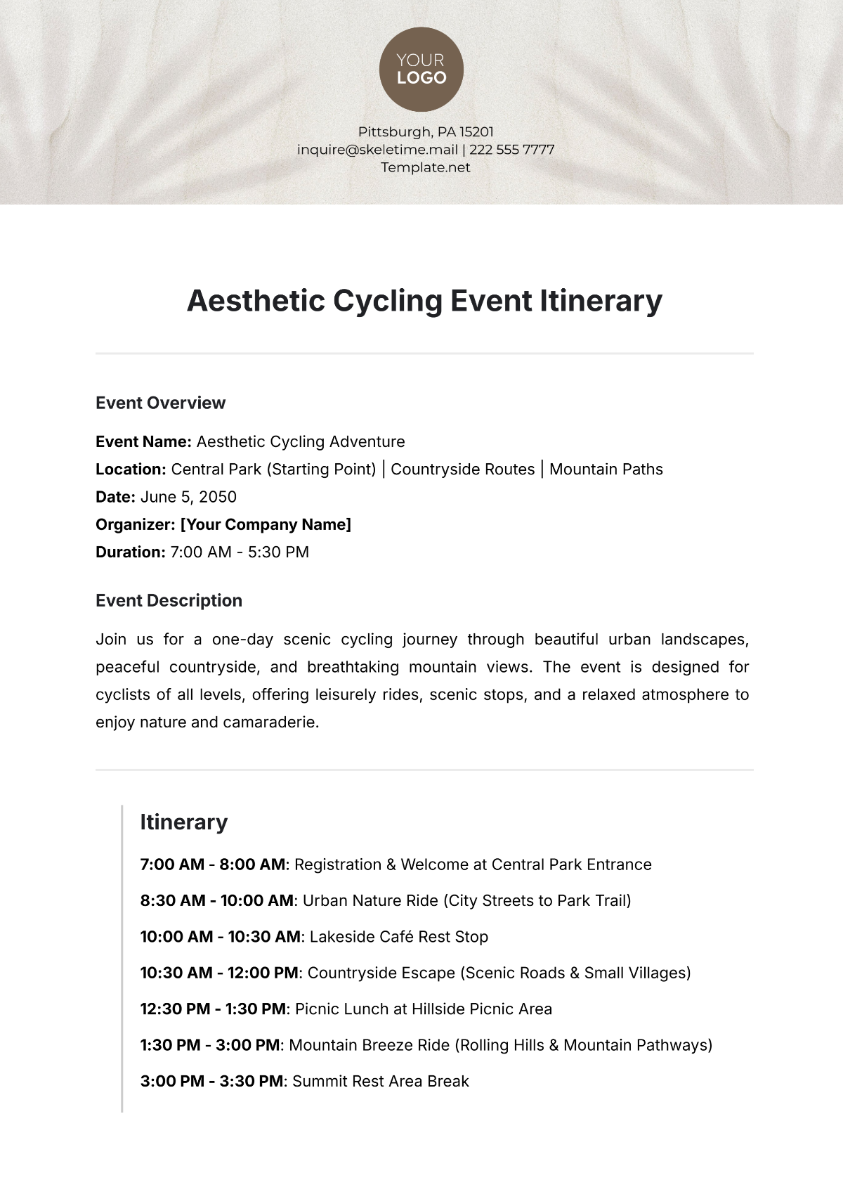 Free Aesthetic Cycling Event Itinerary Template