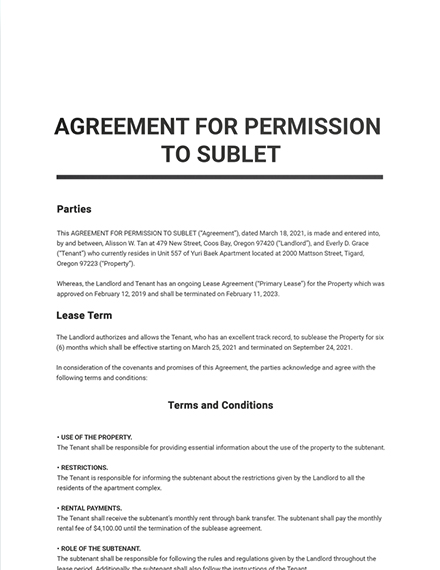 Agreement for Permission to Sublet Template Google Docs Word Apple
