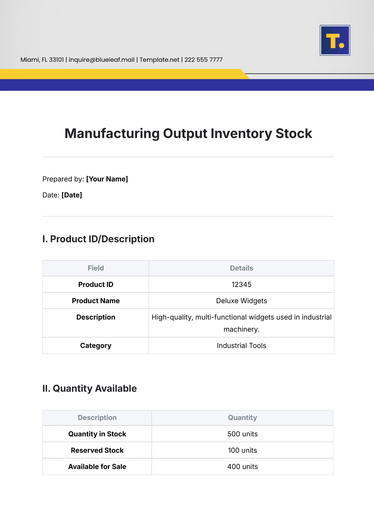 Manufacturing Output Inventory Stock Template - Edit Online & Download