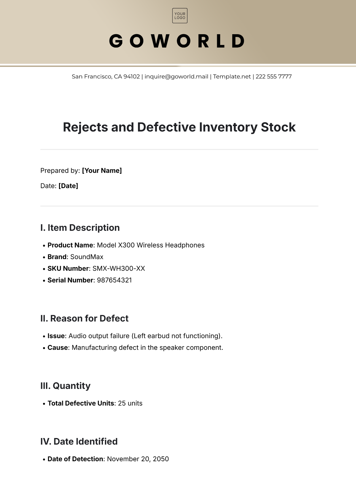 Rejects and Defective Inventory Stock Template - Edit Online & Download