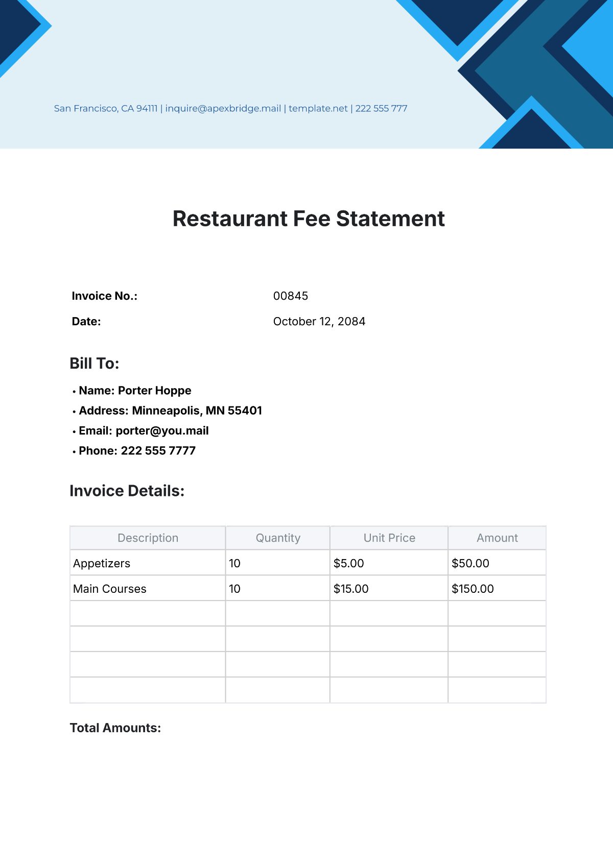 Restaurant Fee Statement Template - Edit Online & Download