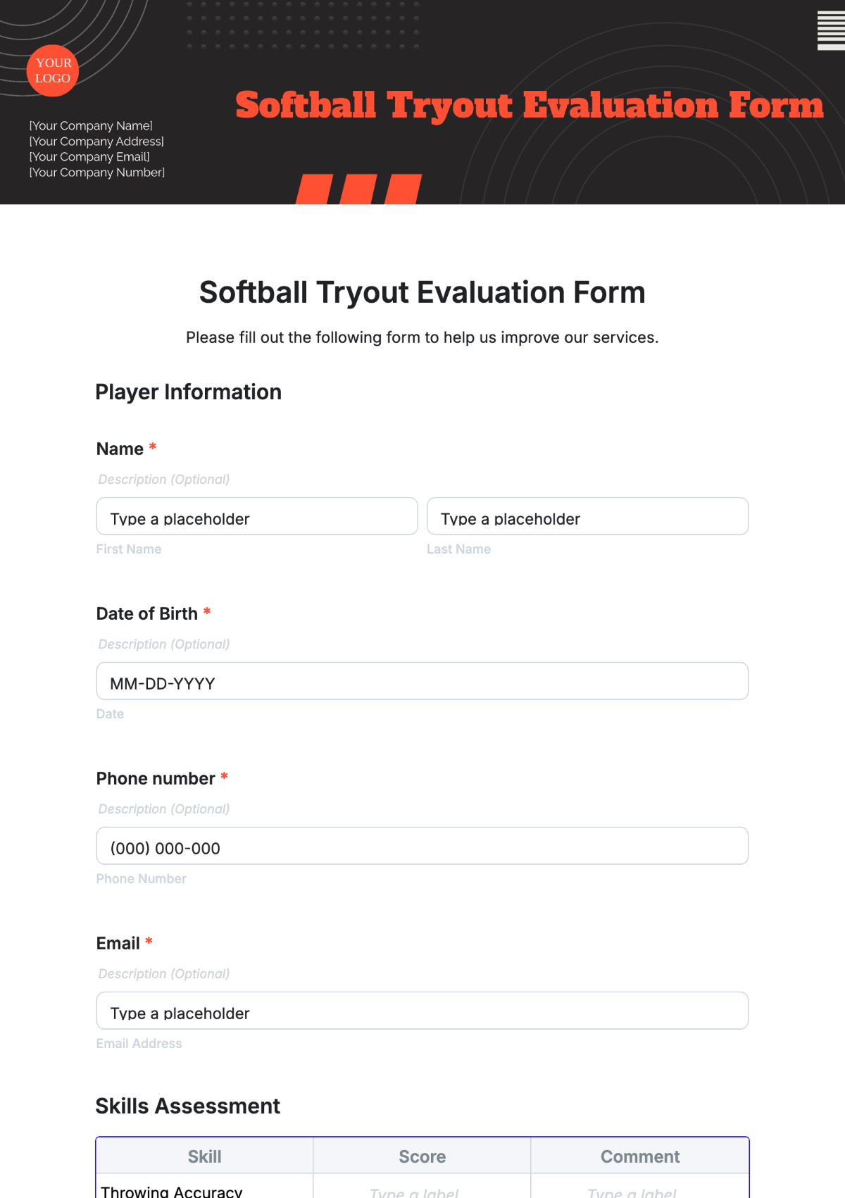 Softball Tryout Evaluation Form Template - Edit Online & Download