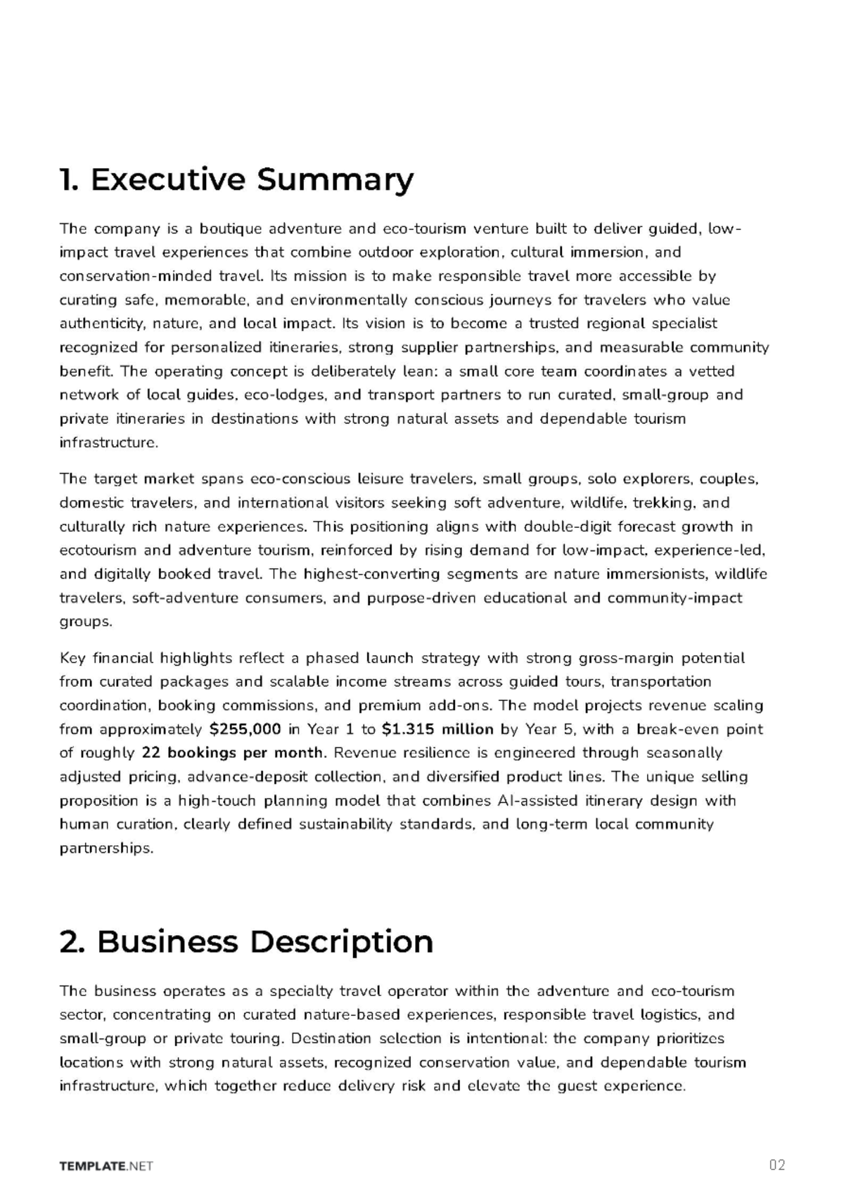 Free Tourism Business Plan Template to Edit Online