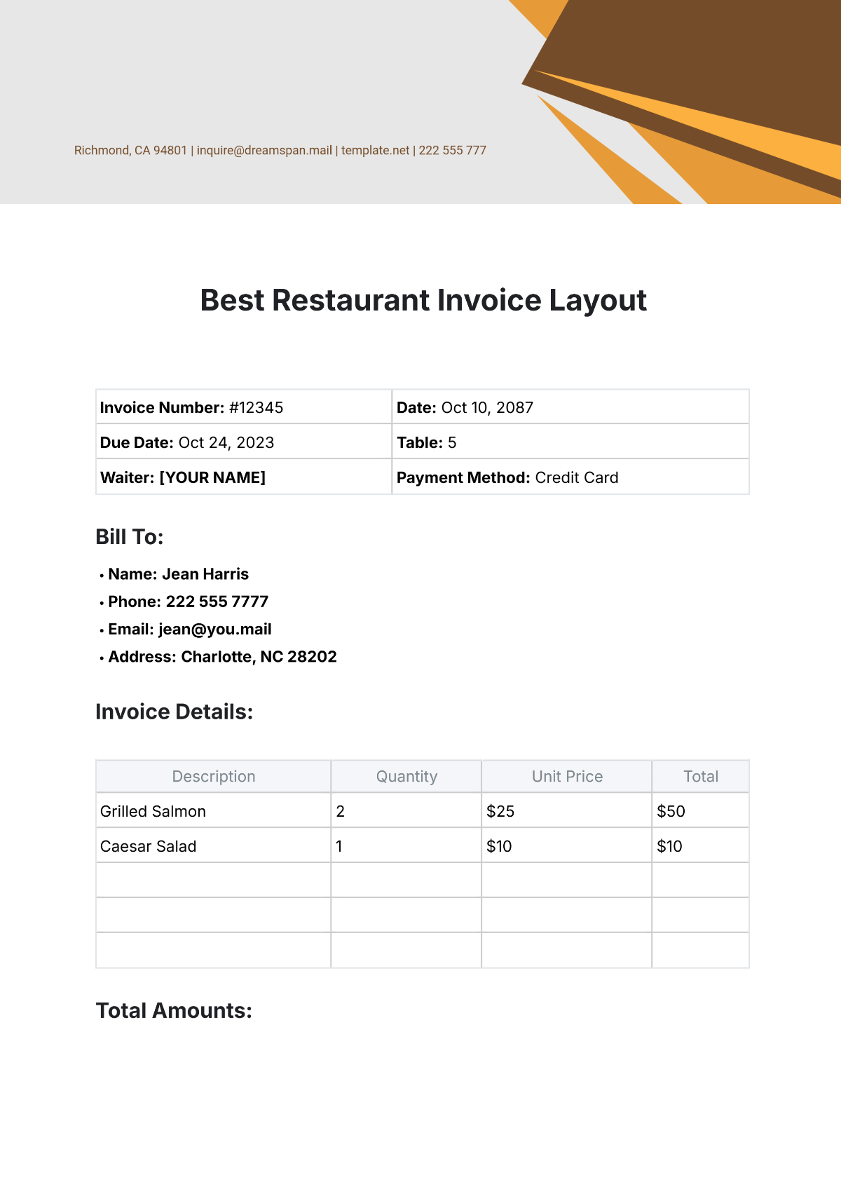 Best Restaurant Invoice Layout Template - Edit Online & Download